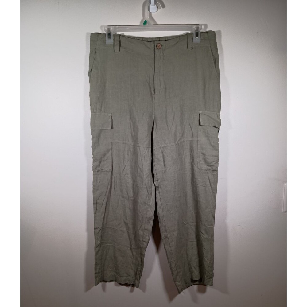 Zara Linen Blend Womens Relaxed Cargo High Rise Wide Green Pants Size Large